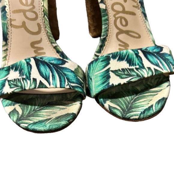 SAM EDELMAN Women's Cream & Green Leaf Print Tropical Open Toe Block Heel-Sz 8.5 - Picture 4 of 14